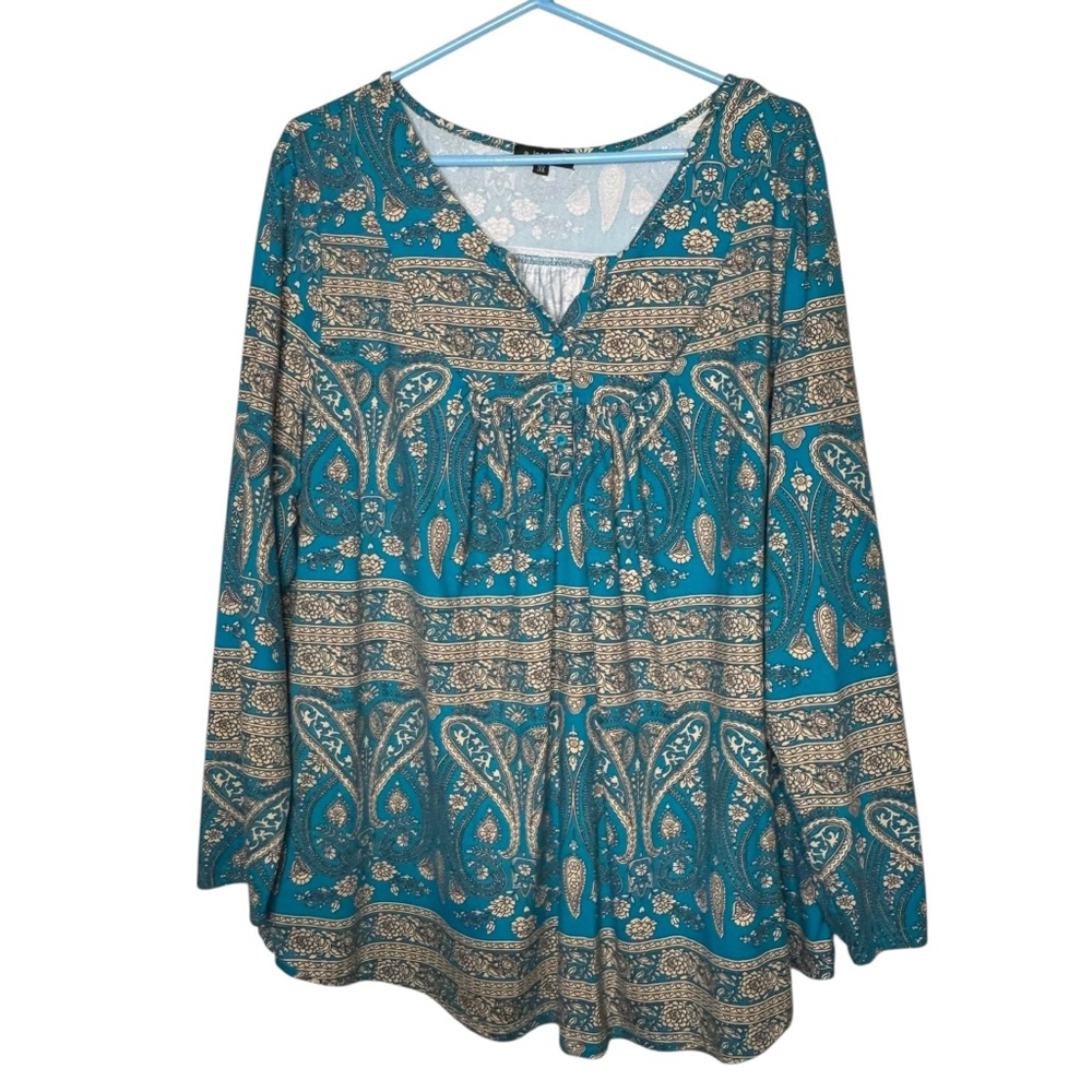 a. Jesdani Teal and Beige Paisley Floral Blouse Size 3X VNeck 3 Buttons Soft